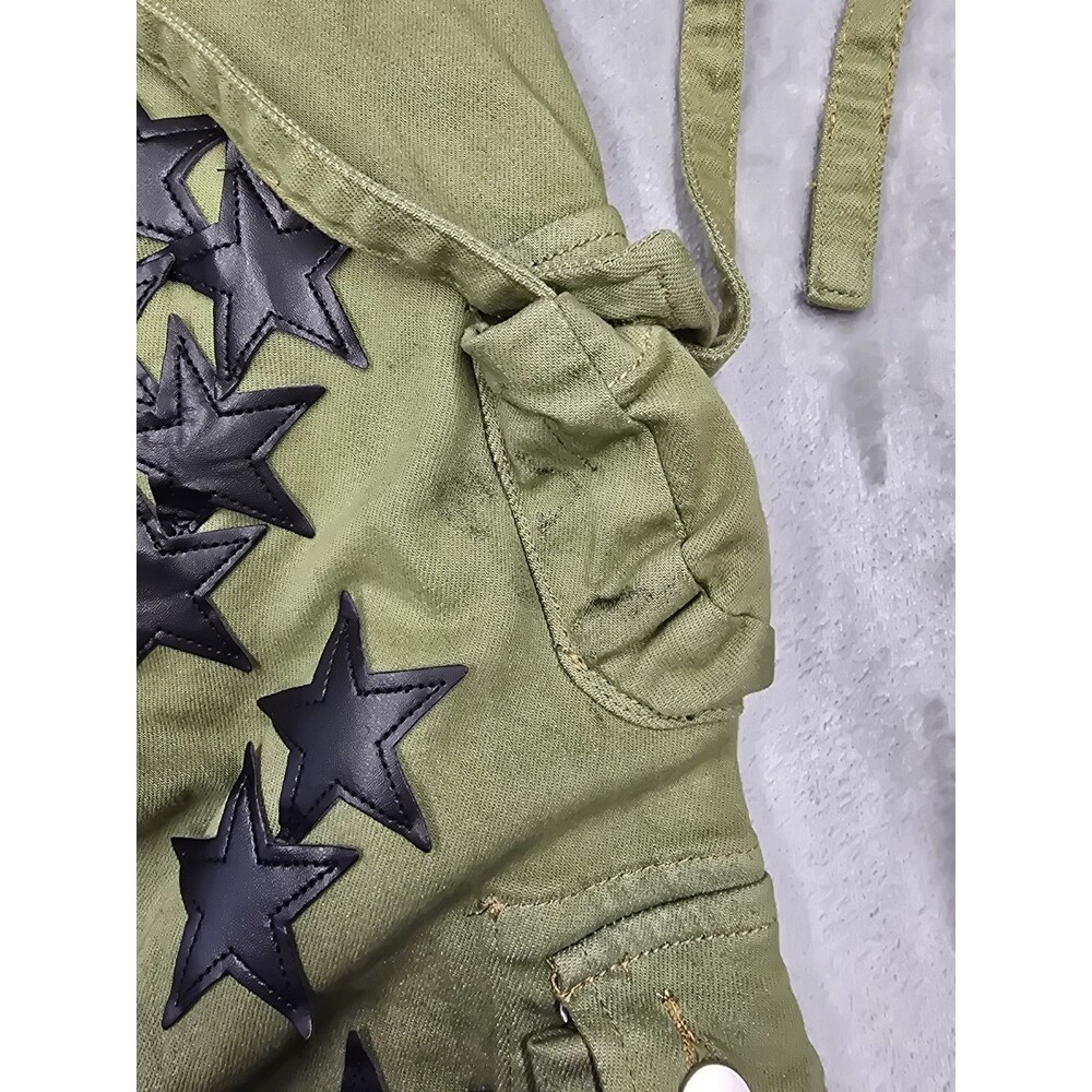​MNML Star Cargo Pants Size 28 Green Black Gradient Two Tone Leather Stars Y2K - Picture 8 of 10